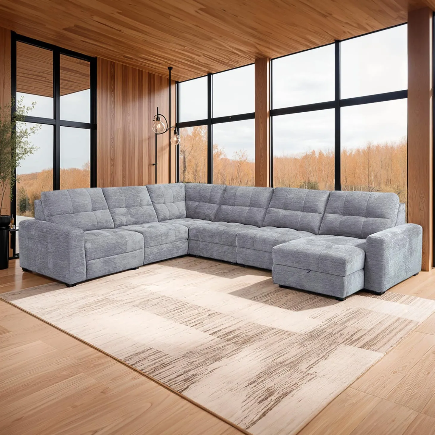 Sectionnel modulaire électrique inclinable avec 2 sièges coulissants et chaise longue à droite avec rangement - 6 mcx