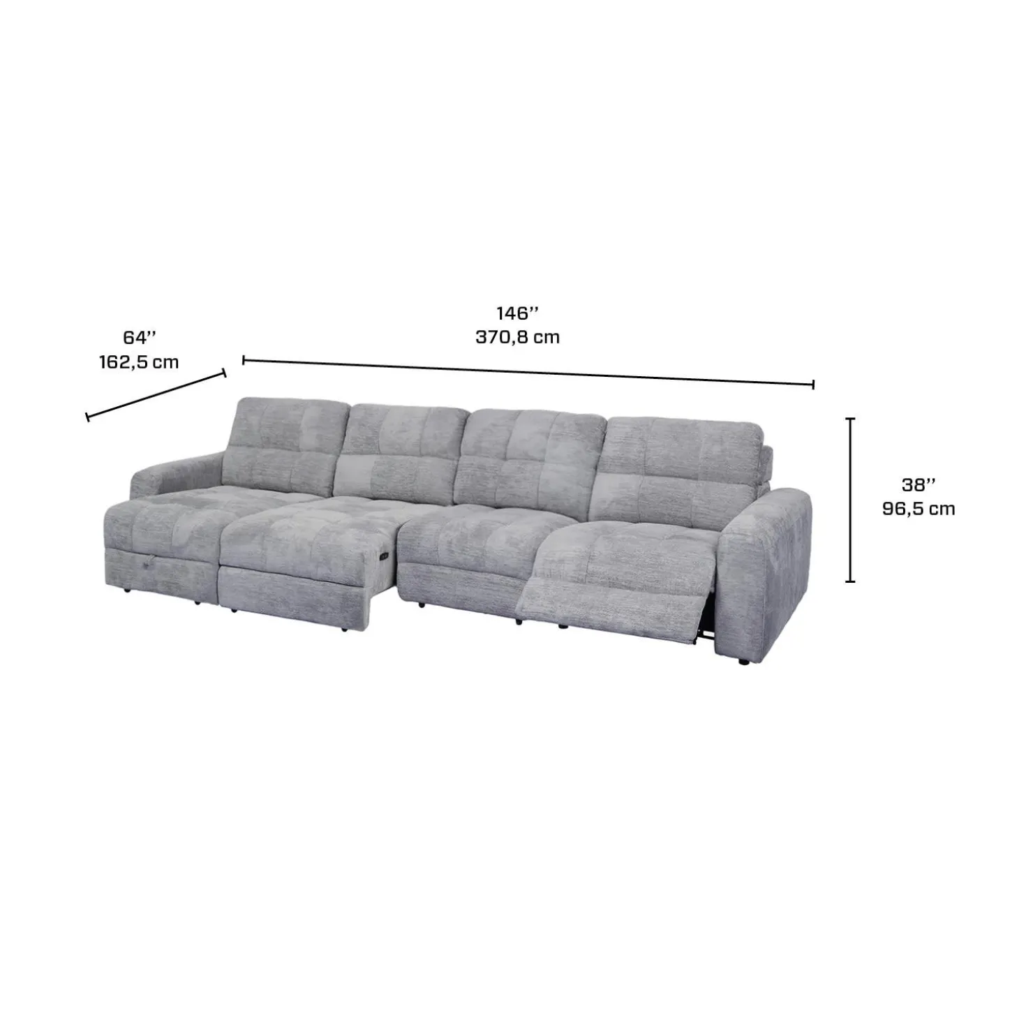 Sectionnel modulaire électrique inclinable avec 1 siège coulissant et chaise longue à gauche avec rangement - 4 mcx