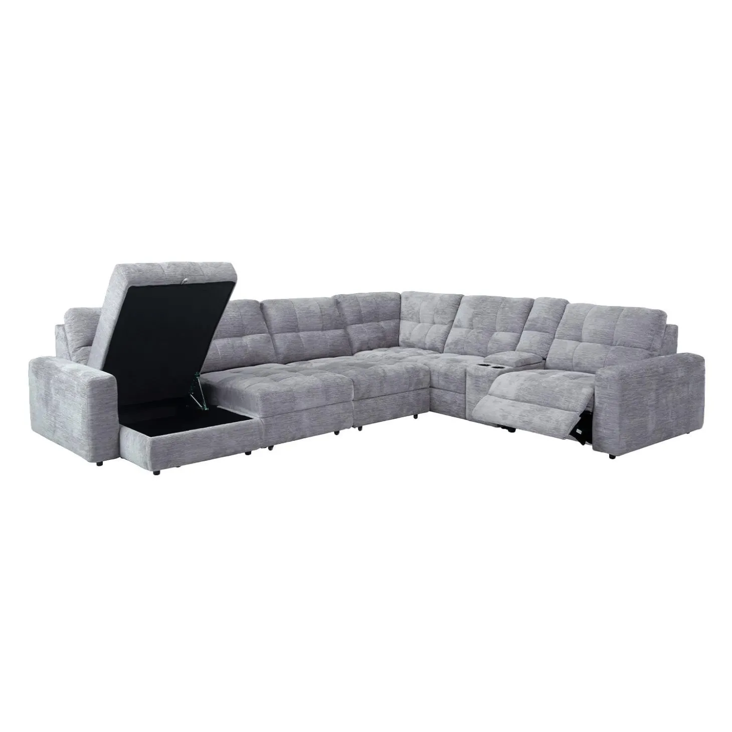 Sectionnel modulaire électrique inclinable avec 2 sièges coulissants, chaise longue à gauche avec rangement et console - 7 mcx