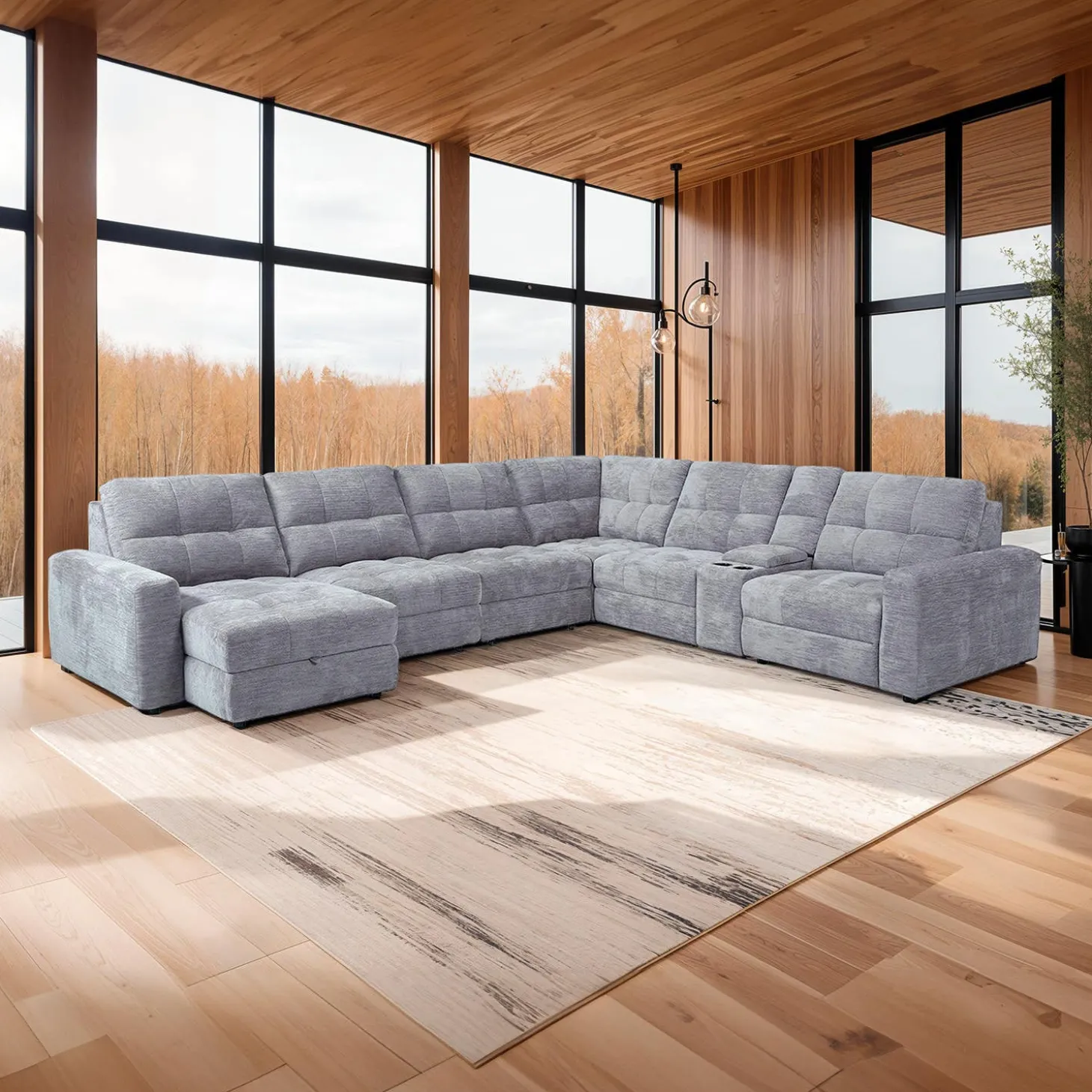Sectionnel modulaire électrique inclinable avec 2 sièges coulissants, chaise longue à gauche avec rangement et console - 7 mcx