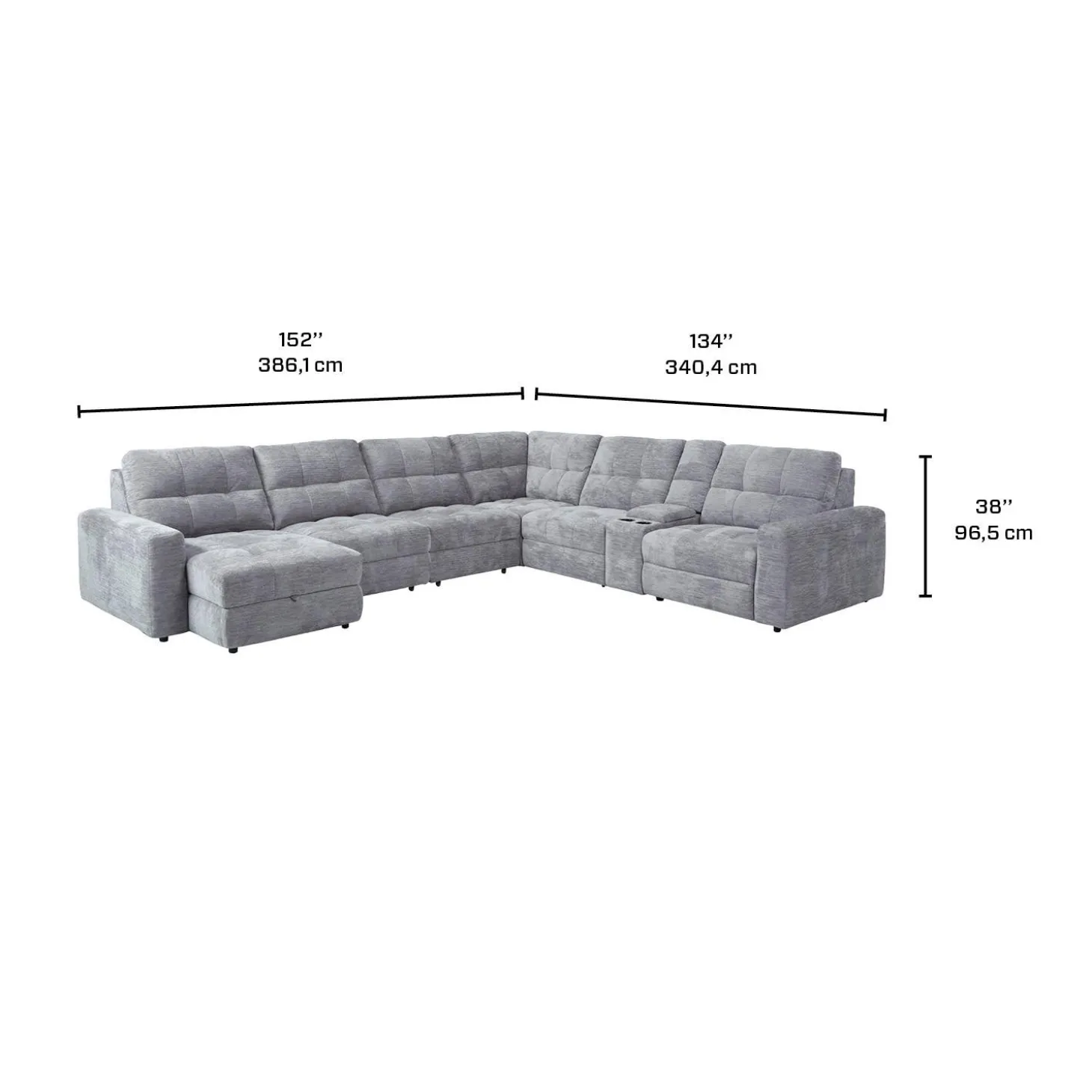 Sectionnel modulaire électrique inclinable avec 2 sièges coulissants, chaise longue à gauche avec rangement et console - 7 mcx