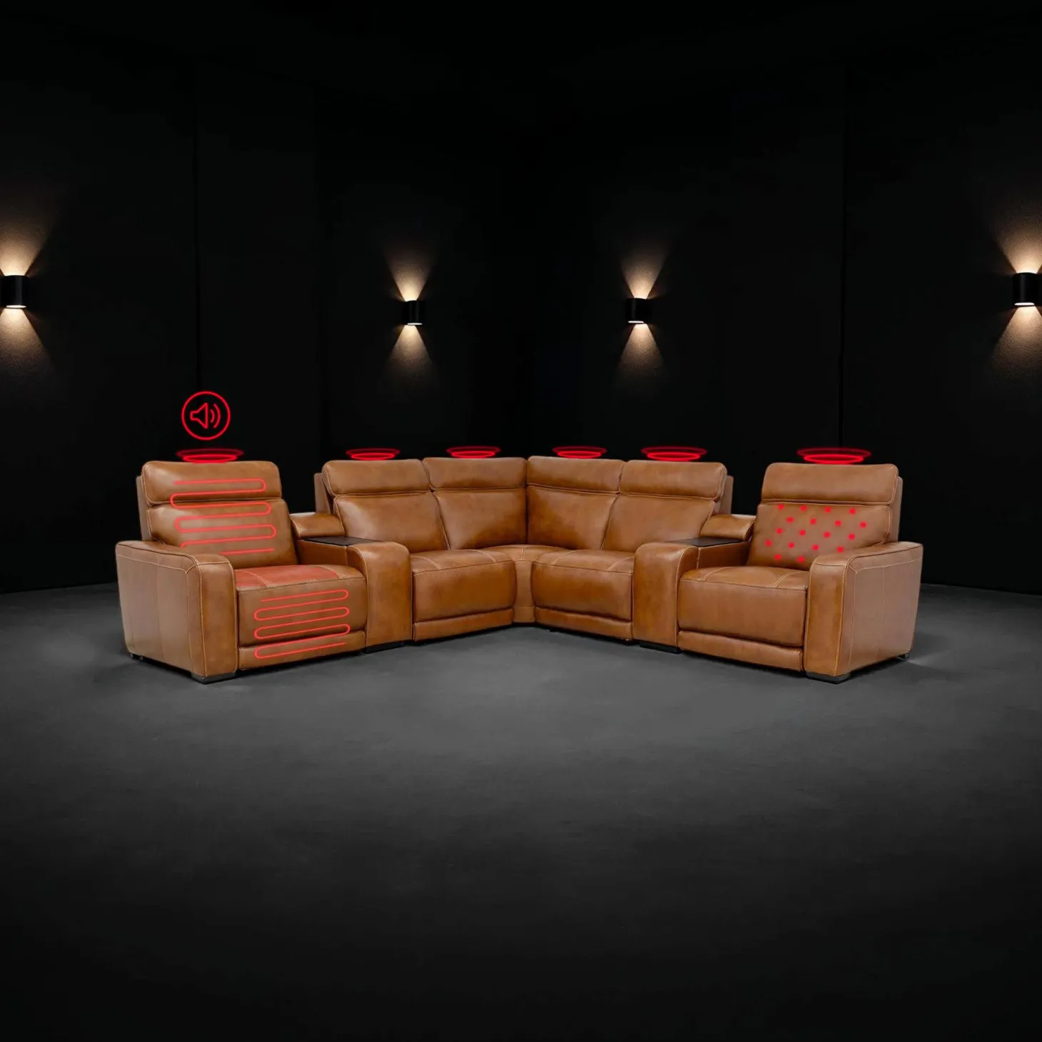 Sectionnel modulaire électrique inclinable avec 2 consoles, haut-parleurs intégrés, massage et chaleur - 7 mcx