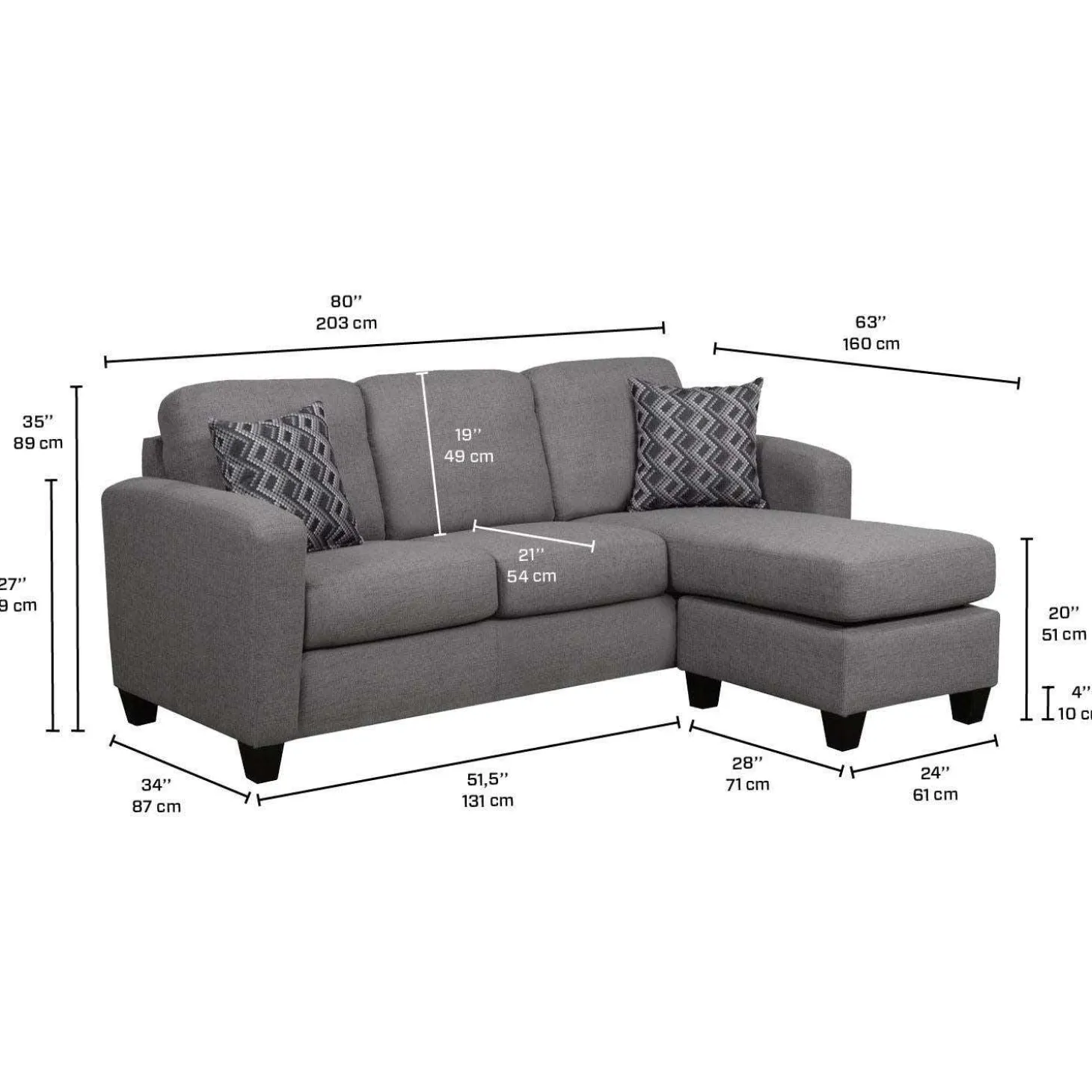 Sectionnel réversible avec chaise longue - gris charbon