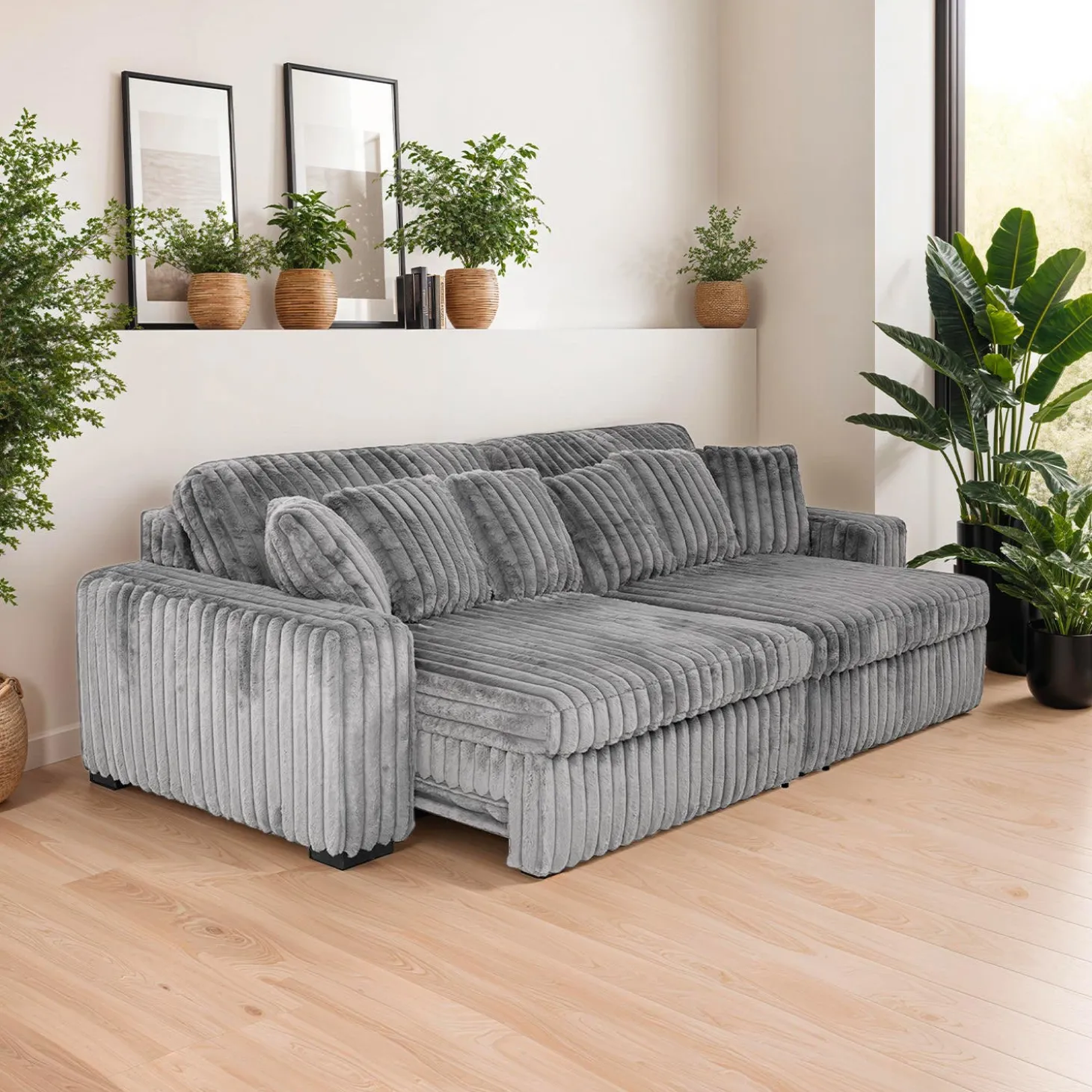 Sofa en velours côtelé avec 2 sièges coulissants électriques