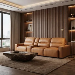 Sofa modulaire avec sièges coulissants électriques et console multimédia en cuir véritable - 4 mcx