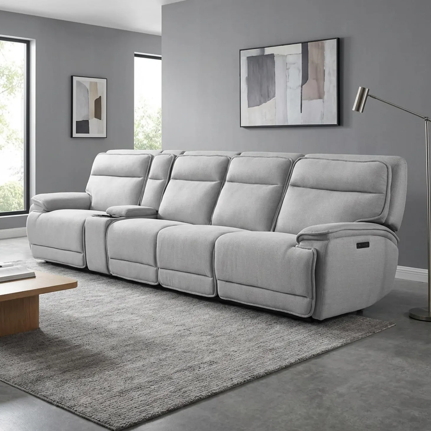 Sofa modulaire inclinable électrique, appuis-tête ajustables, console avec système audio et 2 sièges avec dossiers rabattables - 5 mcx