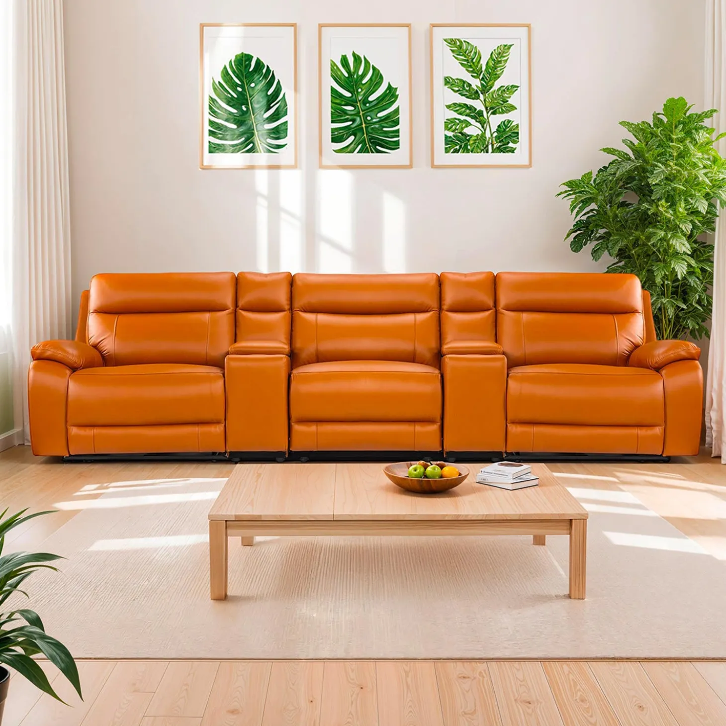 Sofa modulaire inclinable électrique avec 2 consoles en cuir véritable - 5 mcx