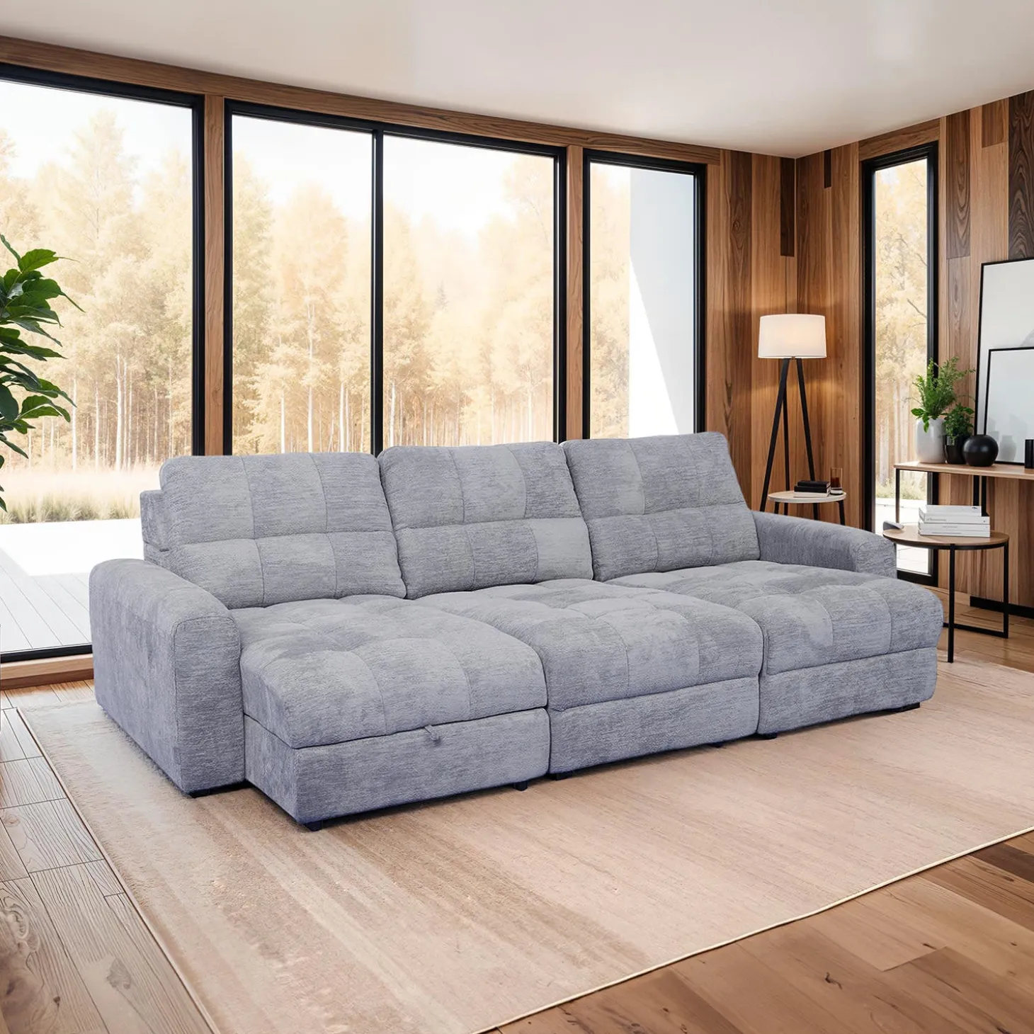 Sofa modulaire électrique avec 2 sièges coulissants et chaise longue à gauche avec rangement - 3 mcx