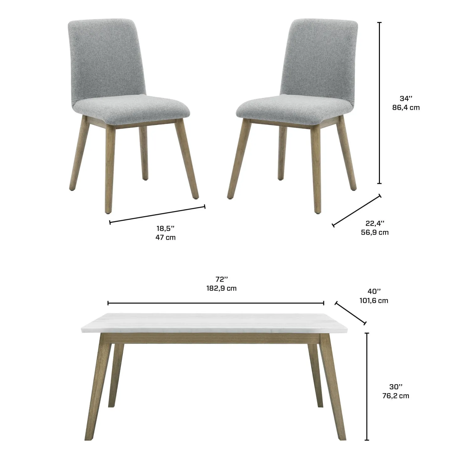 Table à manger avec plateau en marbre blanc et 6 chaises - gris