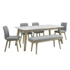 Table à manger avec plateau en marbre blanc, 4 chaises et 1 banc - gris
