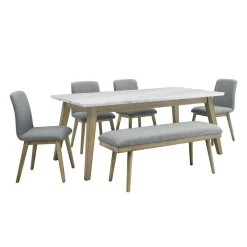 Table à manger avec plateau en marbre blanc, 4 chaises et 1 banc - gris