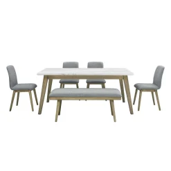 Table à manger avec plateau en marbre blanc, 4 chaises et 1 banc - gris