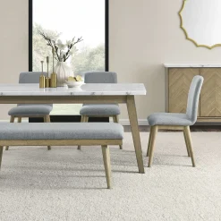 Table à manger avec plateau en marbre blanc, 4 chaises et 1 banc - gris