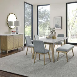 Table à manger avec plateau en marbre blanc, 4 chaises et 1 banc - gris