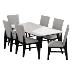 Table à manger avec plateau effet marbre blanc et 6 chaises - tissu gris