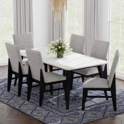 Table à manger avec plateau effet marbre blanc et 6 chaises - tissu gris
