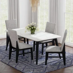 Table à manger avec plateau effet marbre blanc et 4 chaises - tissu gris