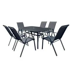Table à manger d’extérieur rectangulaire en acier avec 6 chaises