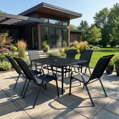 Table à manger d’extérieur rectangulaire en acier avec 6 chaises