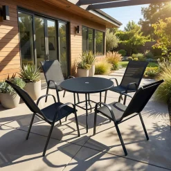 Table à manger d’extérieur ronde en acier avec 4 chaises