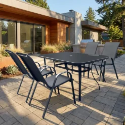 Table à manger d’extérieur rectangulaire en acier avec 4 chaises