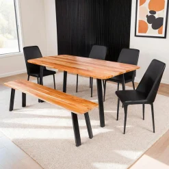 Table à manger rectangulaire en bois massif, 4 chaises et banc - 67"