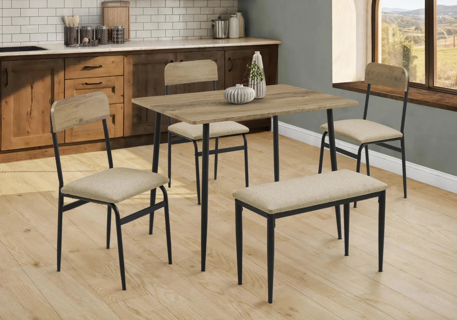 Table à manger rectangulaire avec 3 chaises et 1 banc