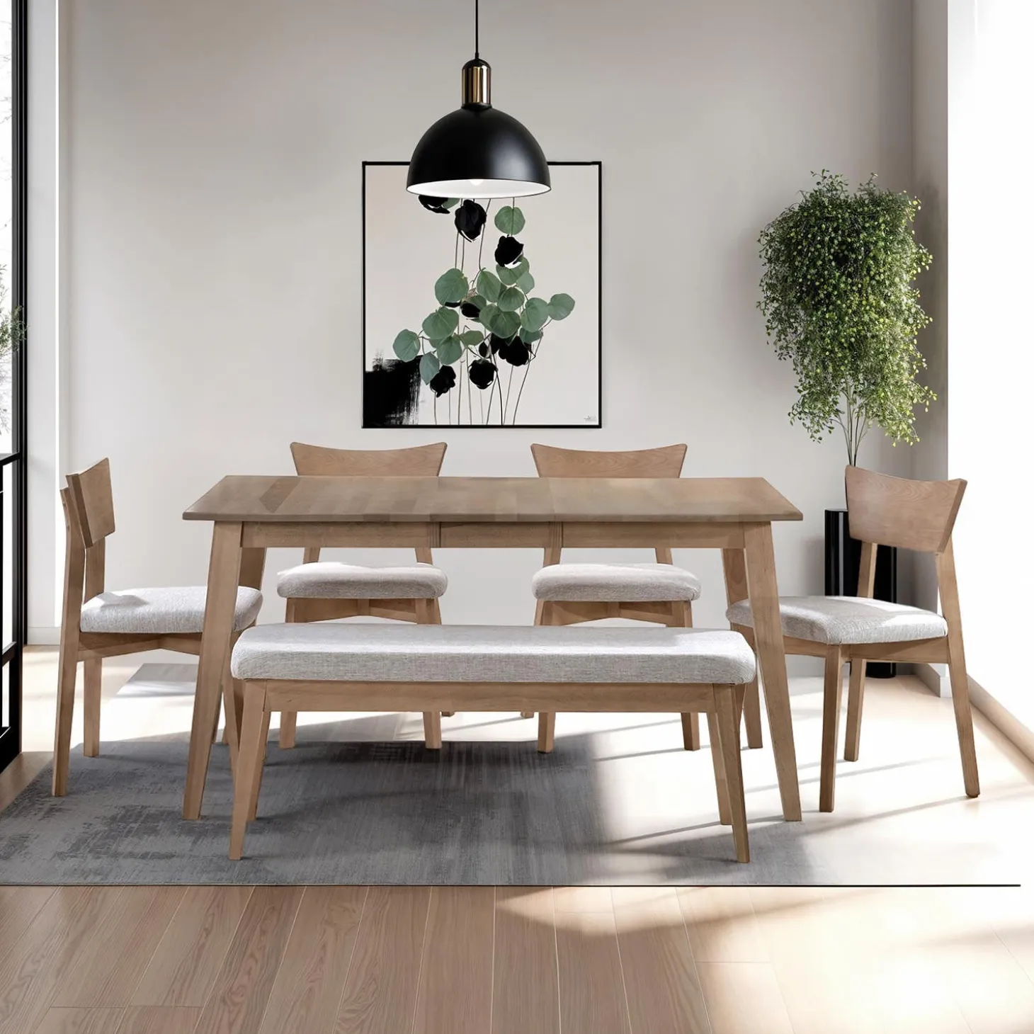 Table à manger rectangulaire (54" à 70") extensible avec 4 chaises et banc - gris