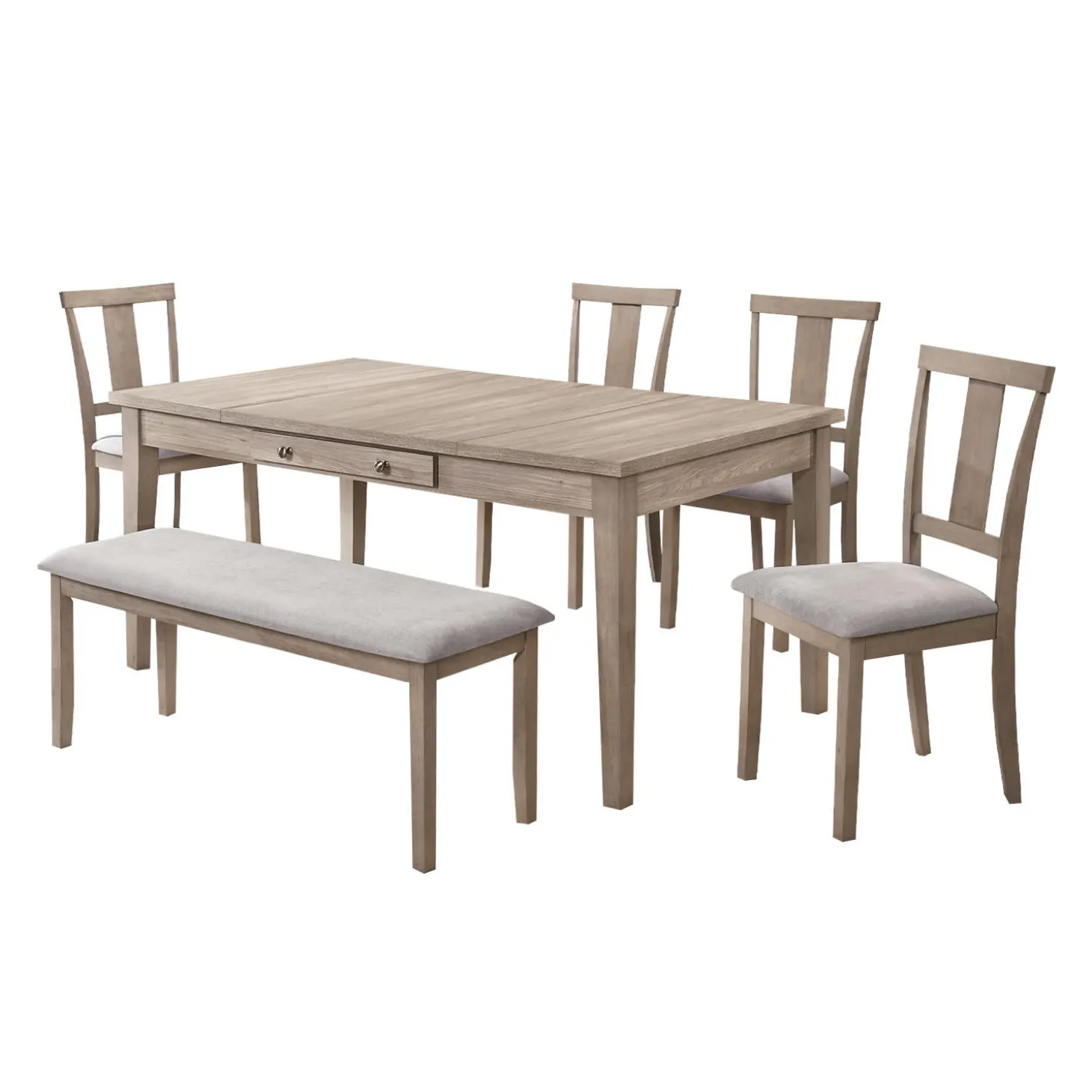 Table à manger rectangulaire avec rangement, 4 chaises et 1 banc - gris