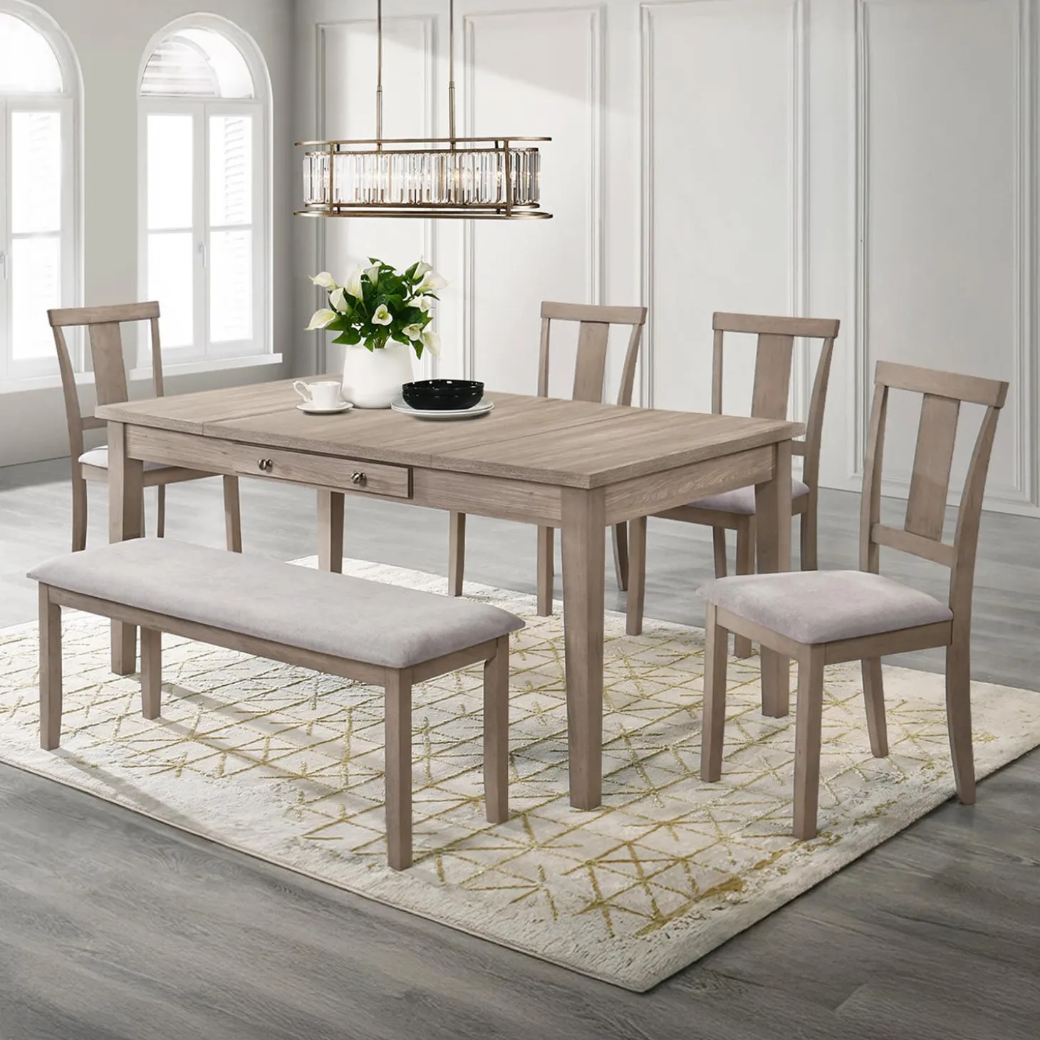 Table à manger rectangulaire avec rangement, 4 chaises et 1 banc - gris