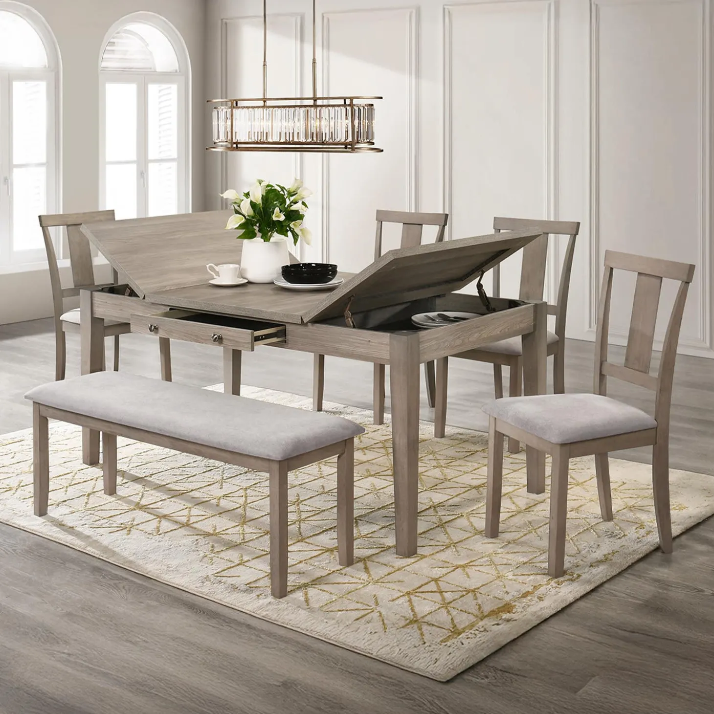 Table à manger rectangulaire avec rangement, 4 chaises et 1 banc - gris