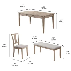Table à manger rectangulaire avec rangement, 4 chaises et 1 banc - gris