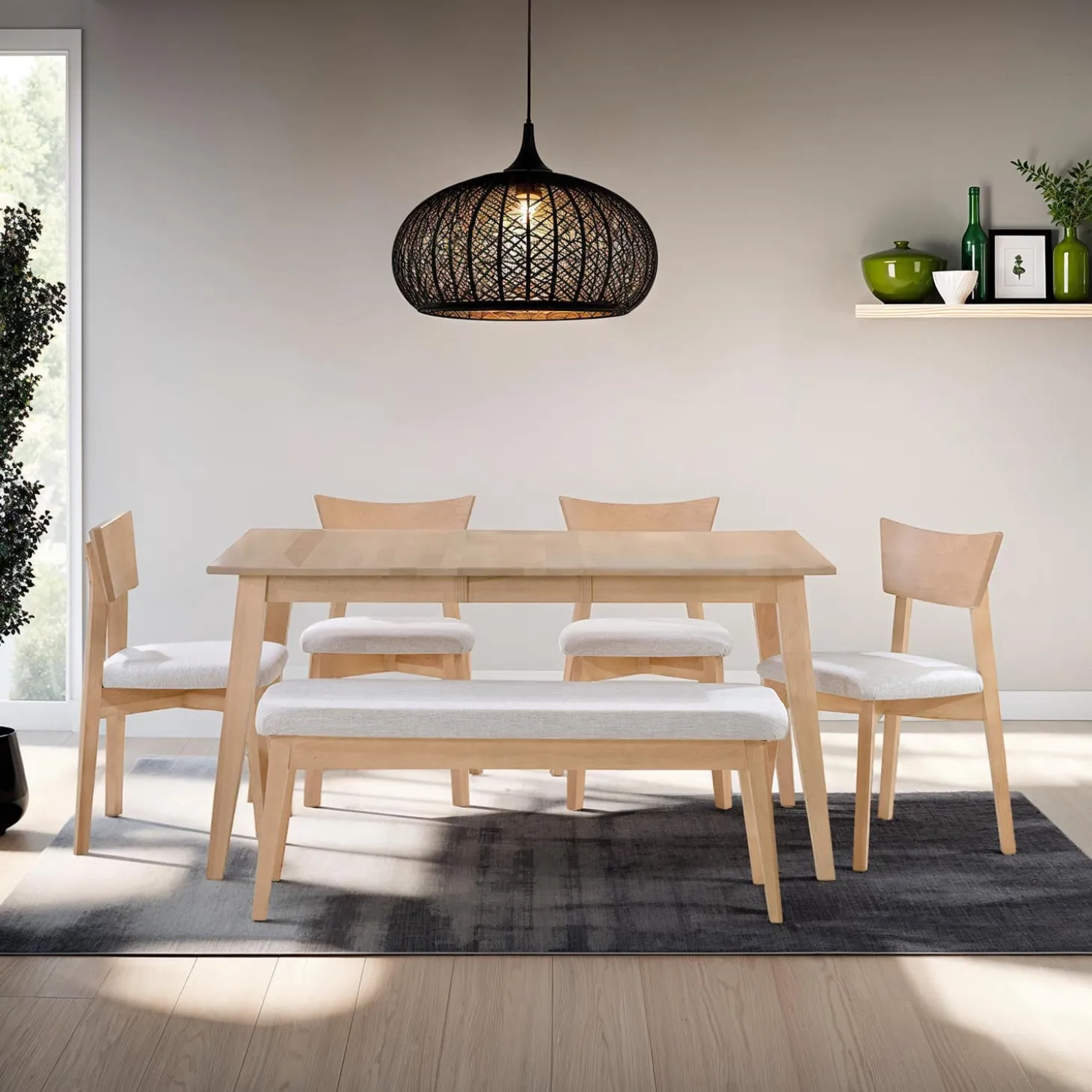 Table à manger rectangulaire extensible (48" à 60") avec 4 chaises et banc - grège