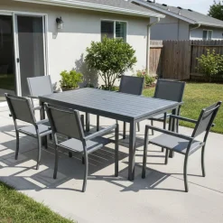 Table à manger rectangulaire d’extérieur en métal et 6 chaises