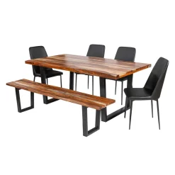 Table à manger rectangulaire en bois massif, 4 chaises et banc - 72"