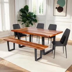 Table à manger rectangulaire en bois massif, 4 chaises et banc - 72"