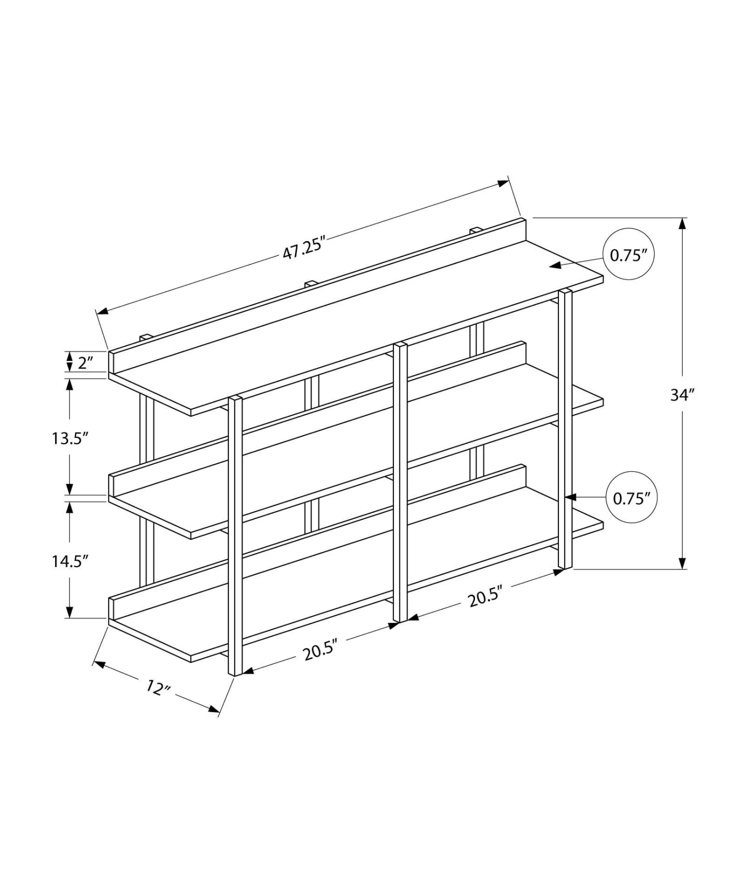 Table console - 3 niveau, étagères, rectangulaire, pieds en métal - 48" l - Monarch