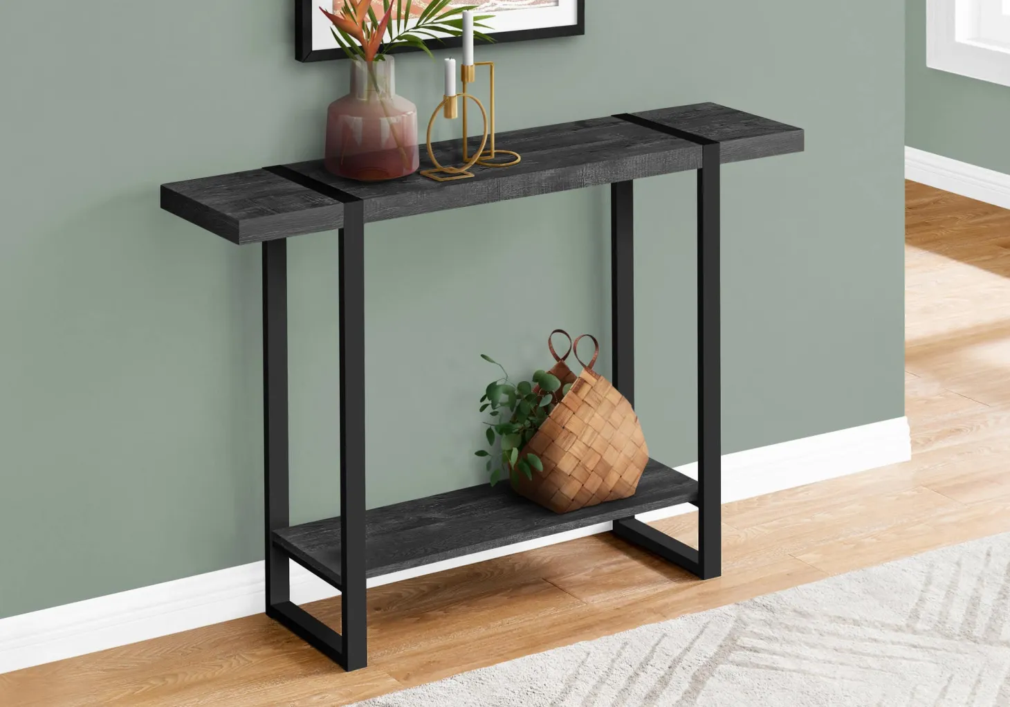 Table console - 2 niveaux, 1 tablette, rectangulaire - 48"L - faux bois noi - Monarch