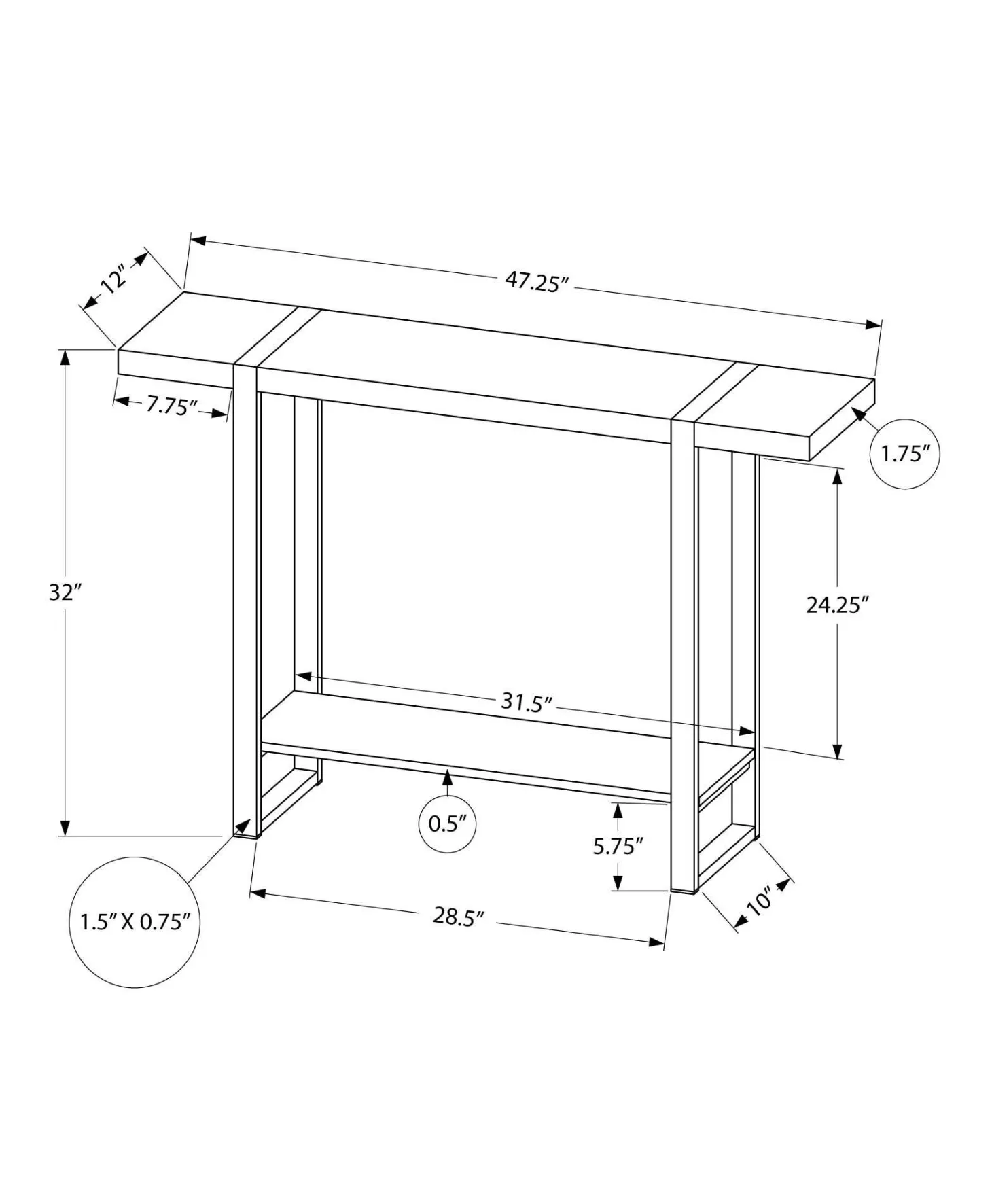 Table console - 2 niveaux, 1 tablette, rectangulaire - 48"L - faux bois noi - Monarch