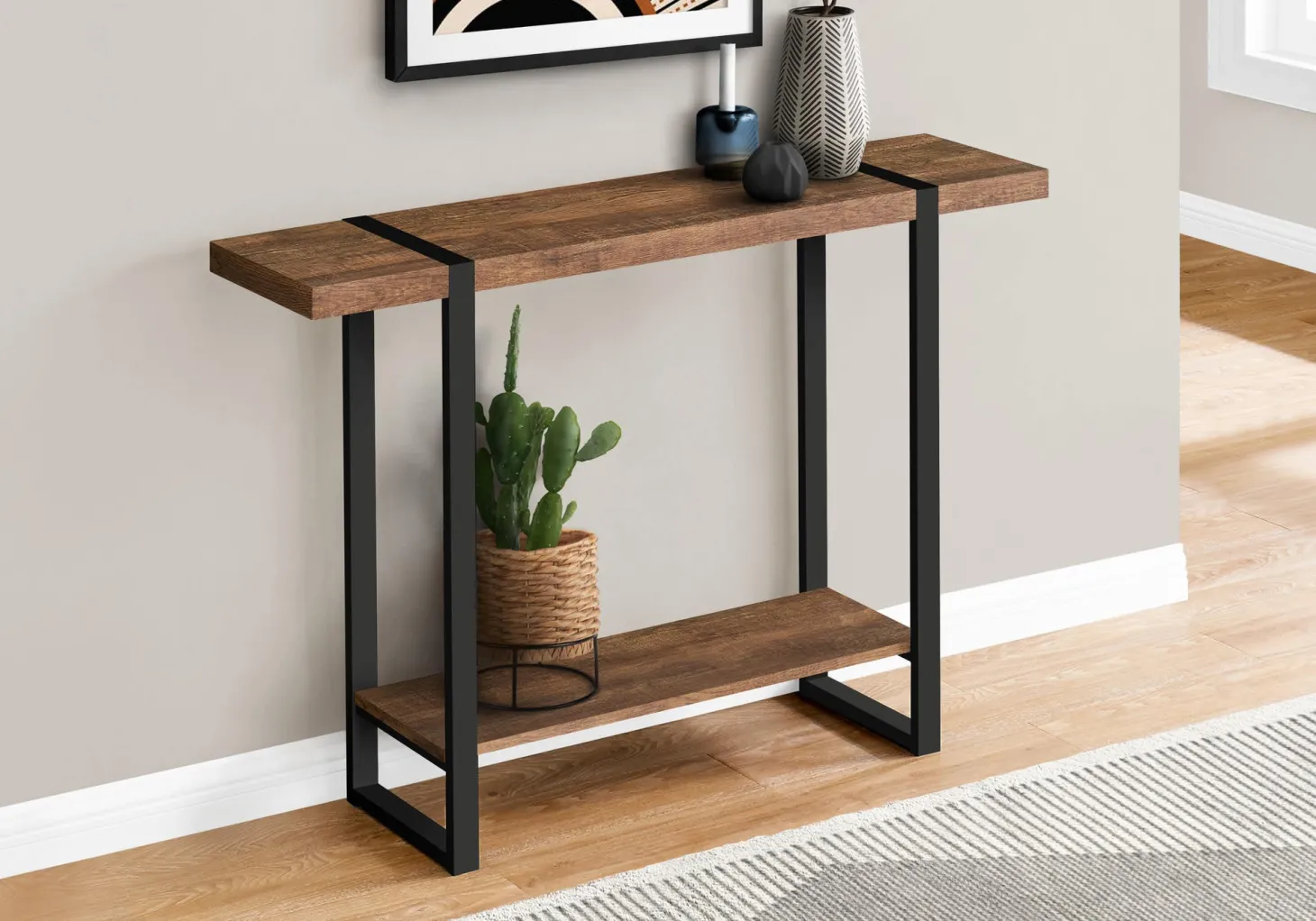 Table console - 2 niveaux, 1 tablette, rectangulaire - 48"L - faux bois bru - Monarch