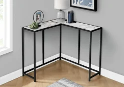Table console - forme de L, coin, cadre en métal - 36"L - faux marbre blanc - Monarch