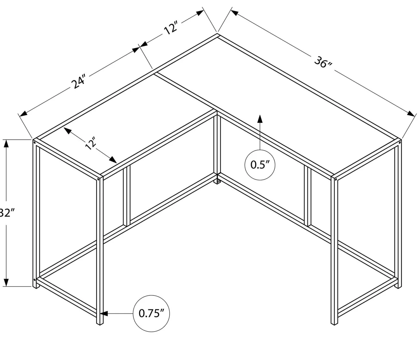 Table console - forme de L, coin, cadre en métal - 36"L - blanc - Monarch