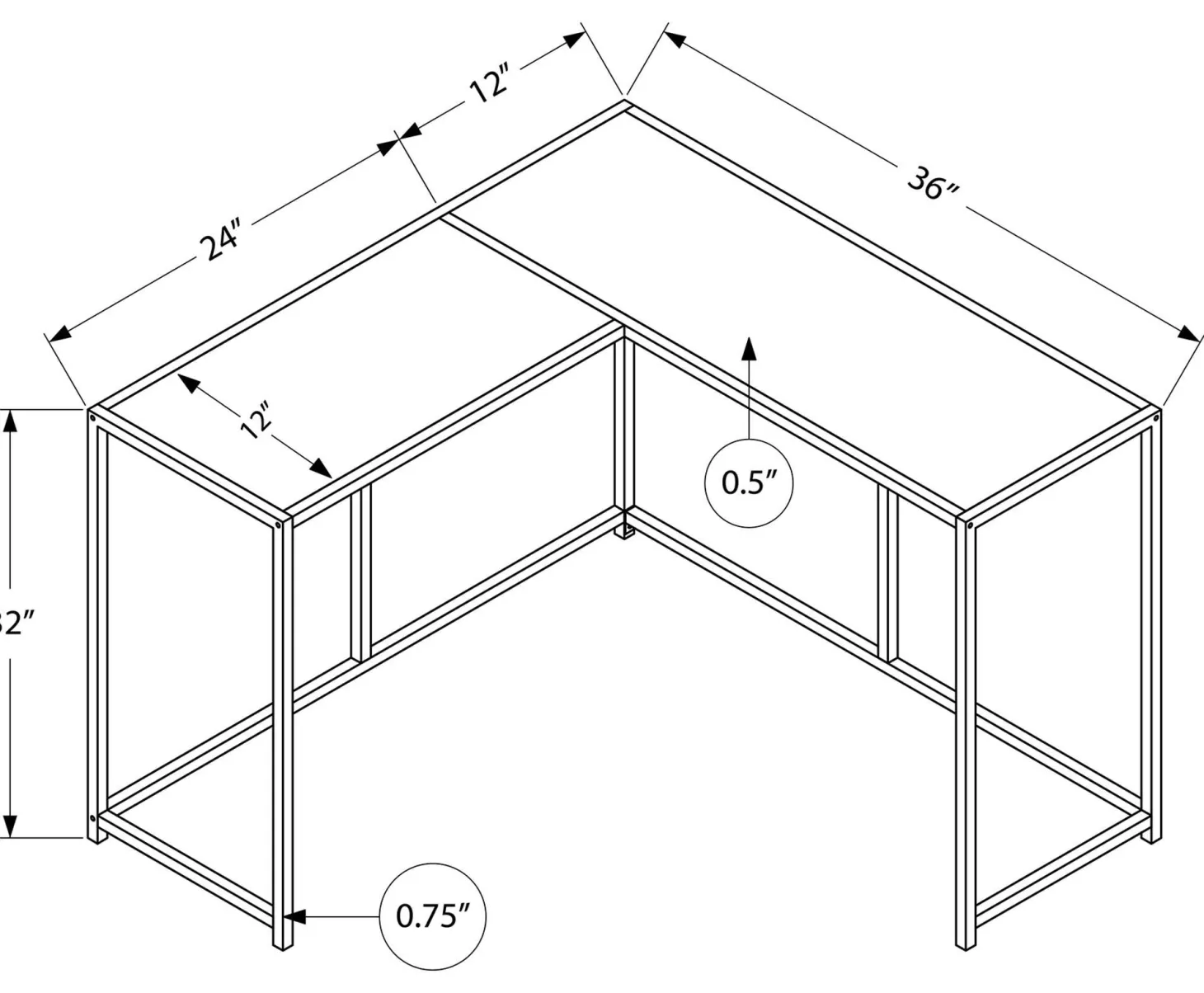 Table console - forme de L, coin, cadre en métal - 36"L - noir - Monarch