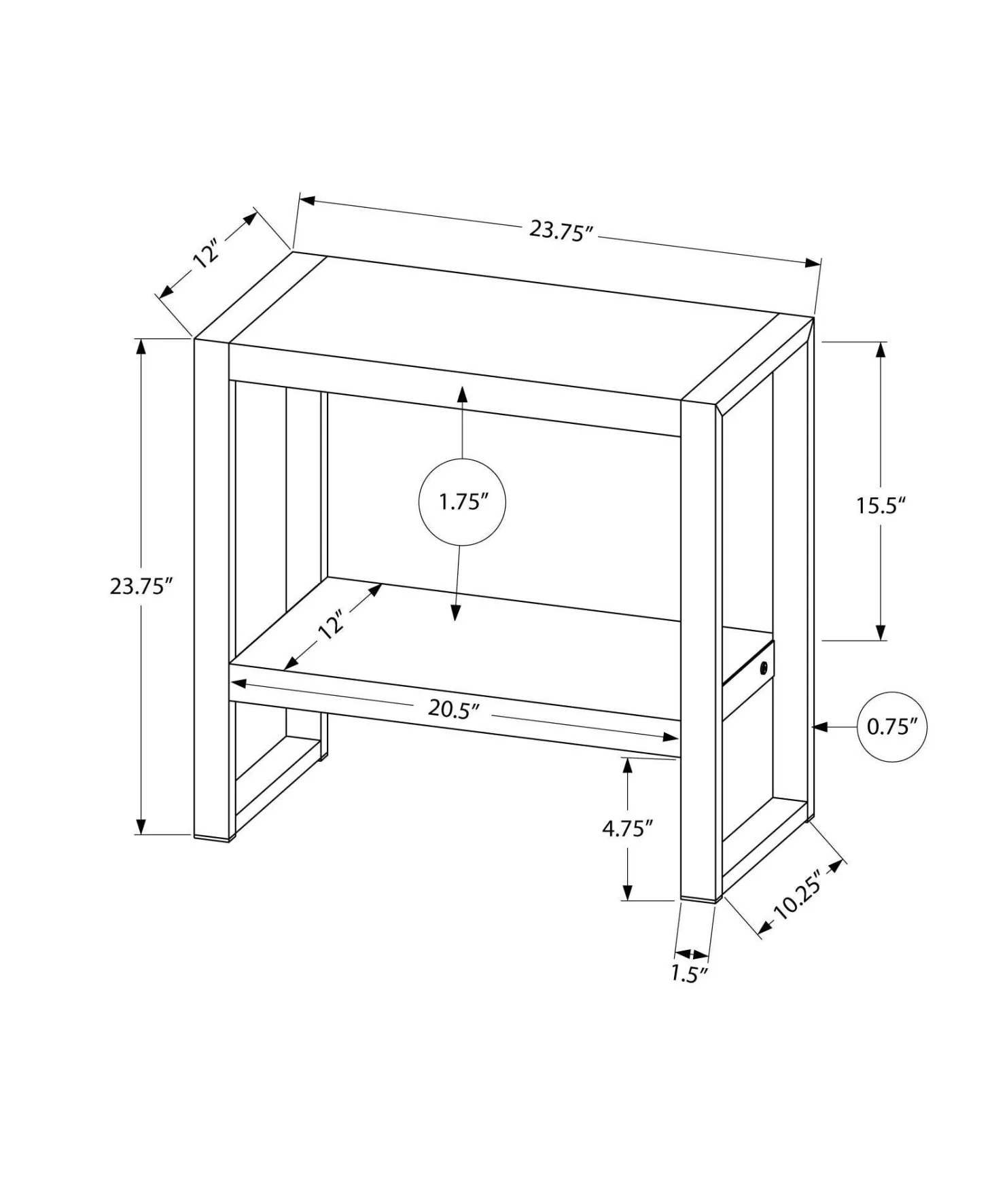 Table d'appoint - 2 niveaux, 1 tablette, rectangulaire - 24"H - faux bois r - Monarch