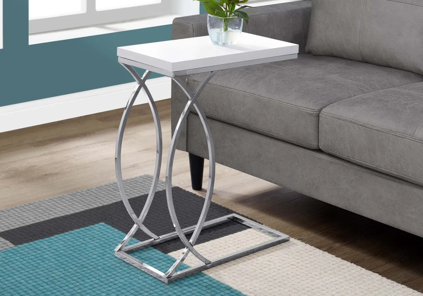 Table d'appoint - blanc lustré et métal chrome - Monarch