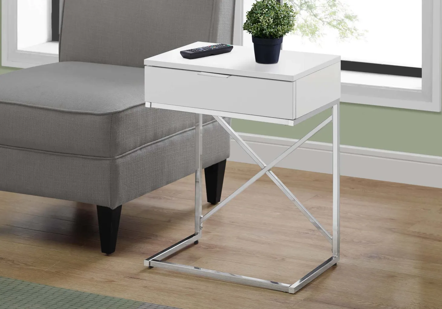 Table d'appoint - 24"H, blanc lustré, métal chrome - Monarch