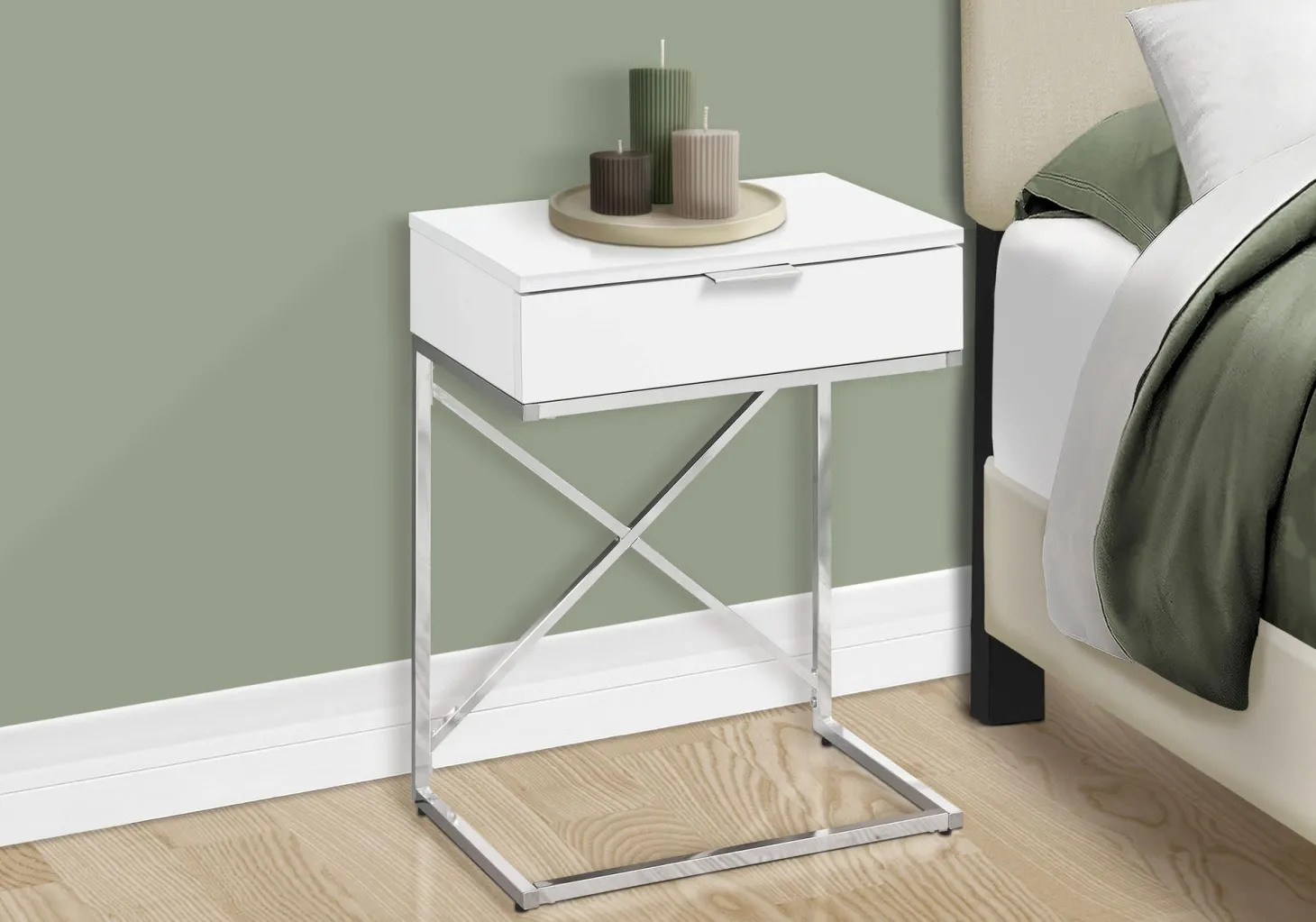 Table d'appoint - 24"H, blanc lustré, métal chrome - Monarch