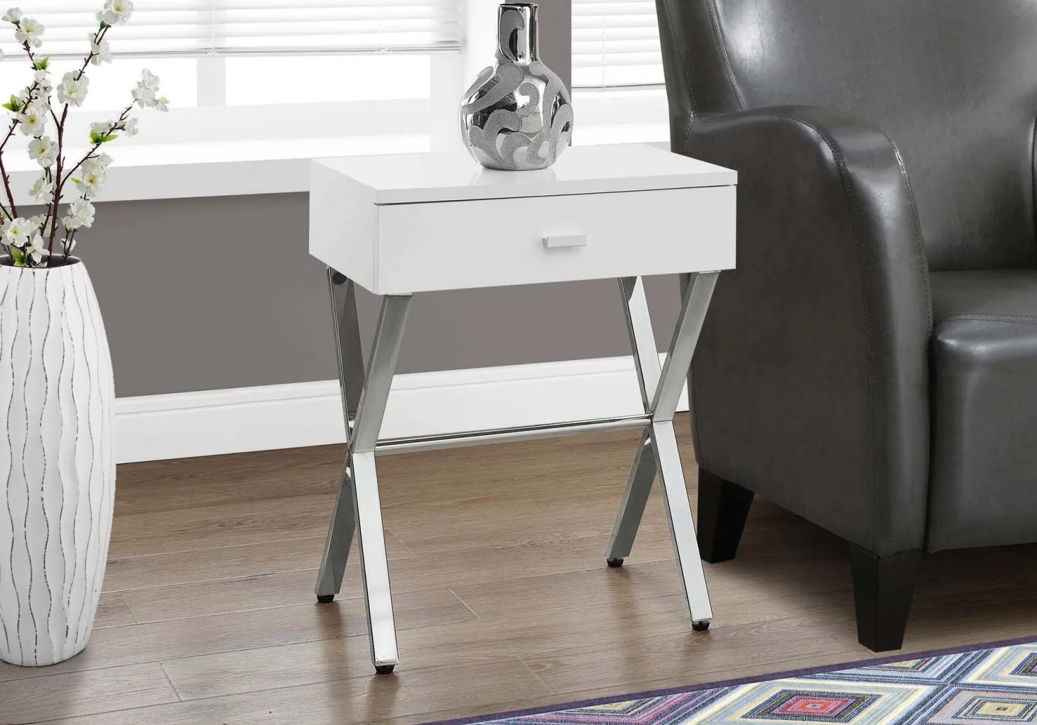 Table d'appoint - 24"H, blanc lustré, métal chrome - Monarch