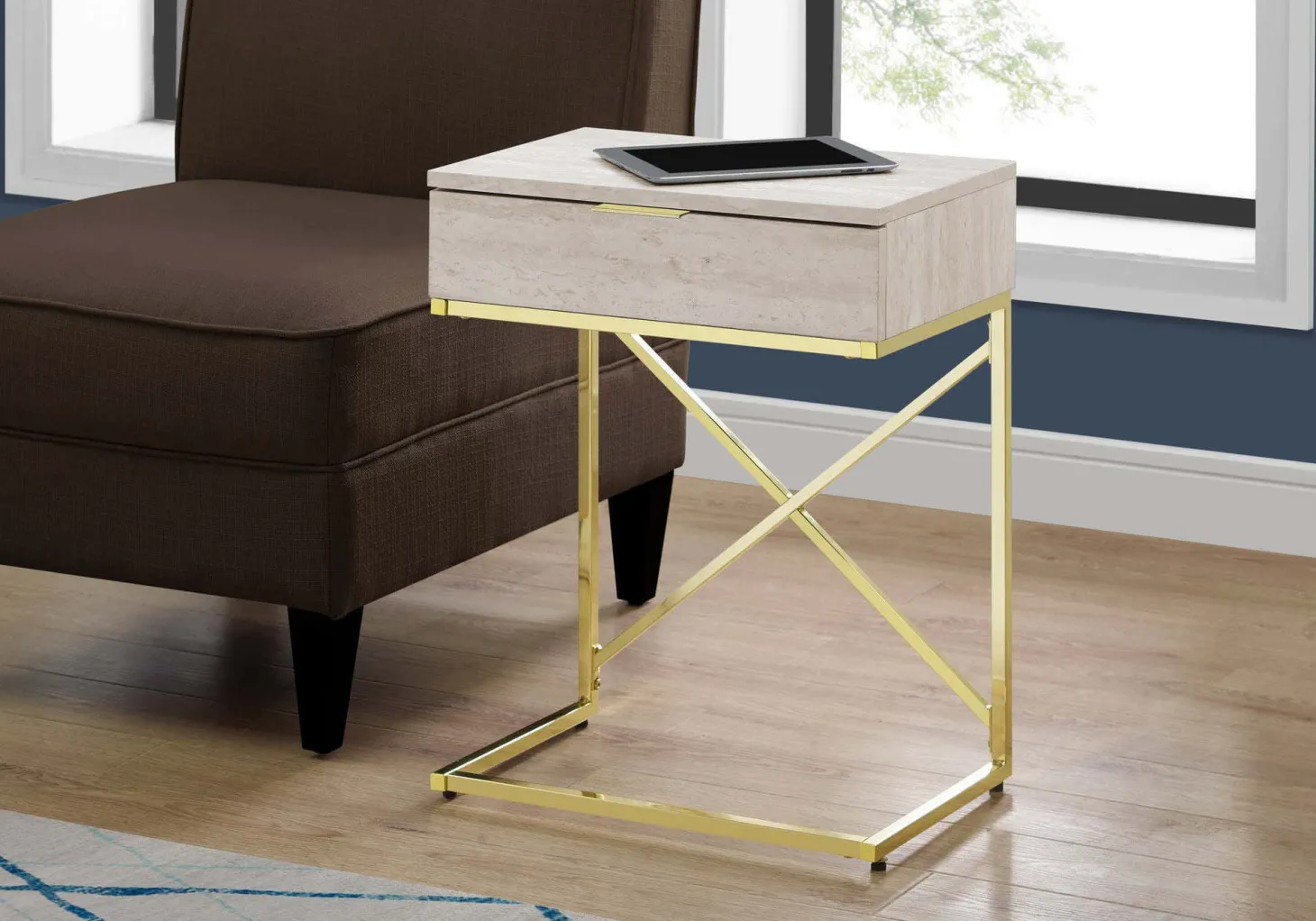 Table d'appoint - 24"H, marbre beige, métal or - Monarch
