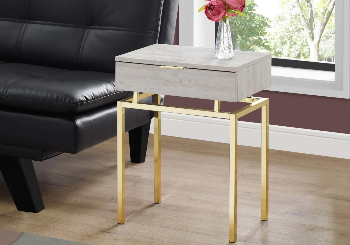 Table d'appoint - 24"H, marbre beige, métal or - Monarch